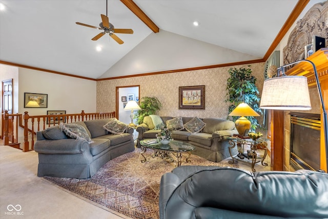 carpeted living room featuring ceiling fan, high vaulted ceiling, beamed ceiling, and crown molding