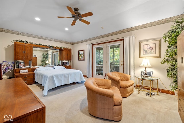 carpeted bedroom featuring access to outside and ceiling fan