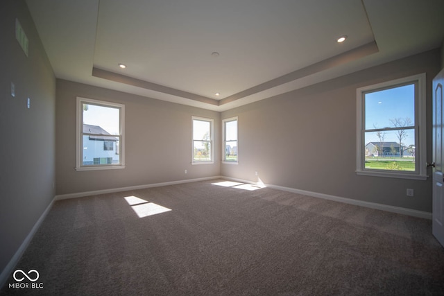 carpeted spare room featuring a tray ceiling