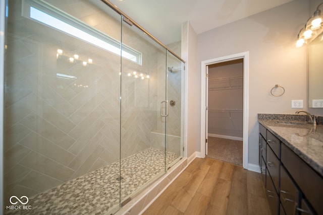 bathroom with vanity, wood-type flooring, and a shower with door