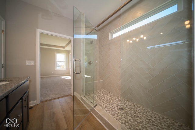 bathroom with a shower with door, vanity, and hardwood / wood-style floors