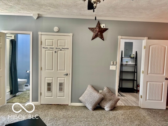 interior space with light carpet, a textured ceiling, ceiling fan, and ornamental molding