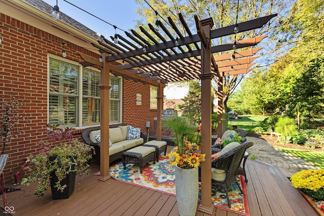 wooden terrace with outdoor lounge area, outdoor dining space, and a pergola