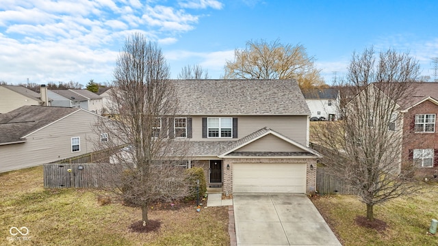 traditional-style home with brick siding, a shingled roof, fence, a residential view, and driveway