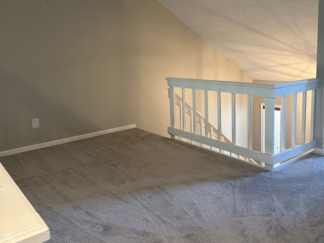 empty room with a textured ceiling, carpet floors, and lofted ceiling