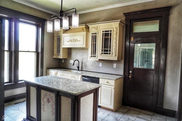 201 W Walnut St, Waldron, IN 46182 - kitchen featuring light marble finish floors, glass insert cabinets, ornamental molding, light stone countertops, and a kitchen island