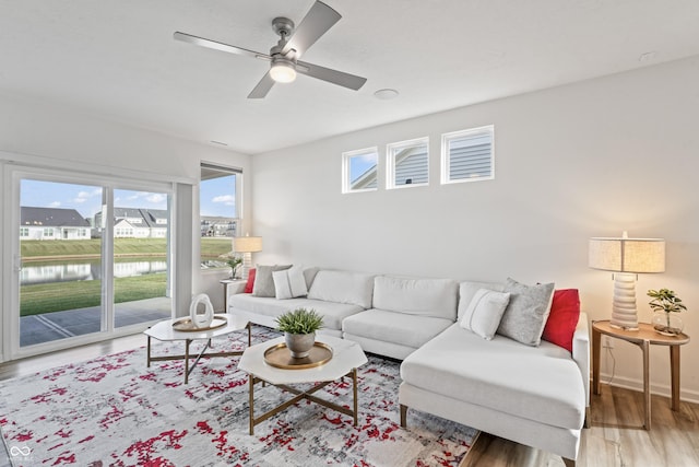 802 Weldon Way, Westfield, IN 46074 - living room featuring wood finished floors, ceiling fan, and a water view