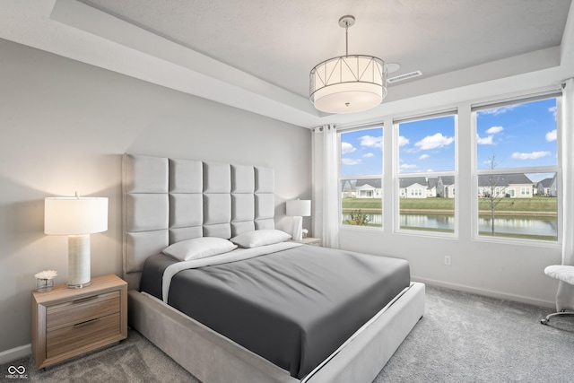 802 Weldon Way, Westfield, IN 46074 - bedroom featuring carpet, a water view, a tray ceiling, and a residential view