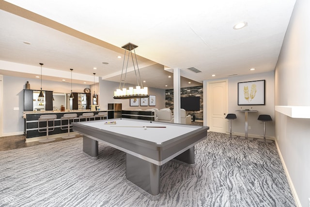 playroom featuring bar, dark carpet, and billiards