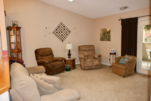 carpeted living room with a textured ceiling