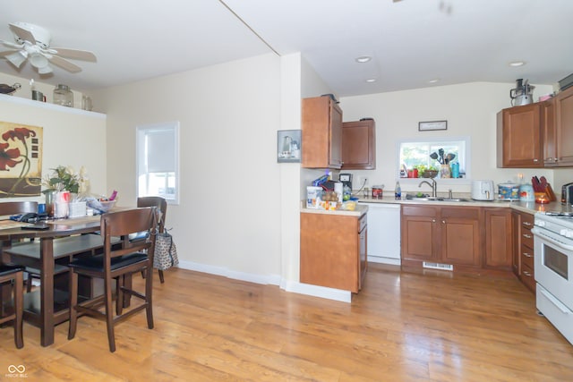 kitchen featuring sink, white appliances, light wood-type flooring, and ceiling fan