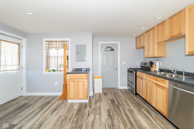 kitchen with electric panel, hardwood / wood-style flooring, stainless steel appliances, and sink