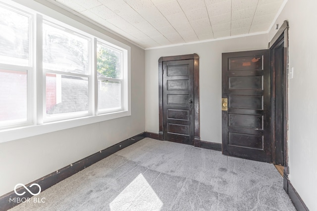 empty room featuring light carpet and crown molding