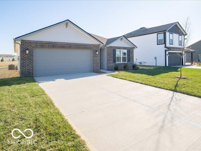 view of front of property with central AC, a front lawn, and a garage