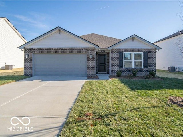 ranch-style house featuring central air condition unit, a front lawn, and a garage