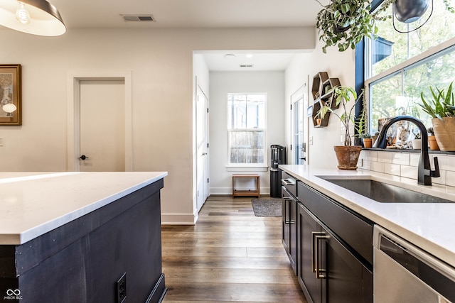 kitchen with stainless steel dishwasher, sink, and dark wood-type flooring