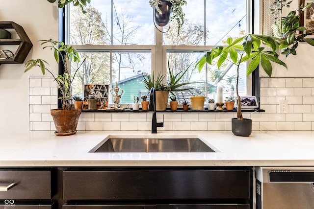 kitchen featuring sink, dishwashing machine, and backsplash