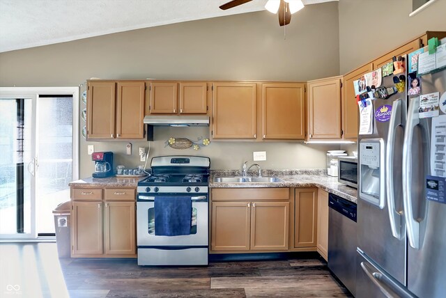 kitchen with appliances with stainless steel finishes, lofted ceiling, dark wood-type flooring, and light brown cabinetry