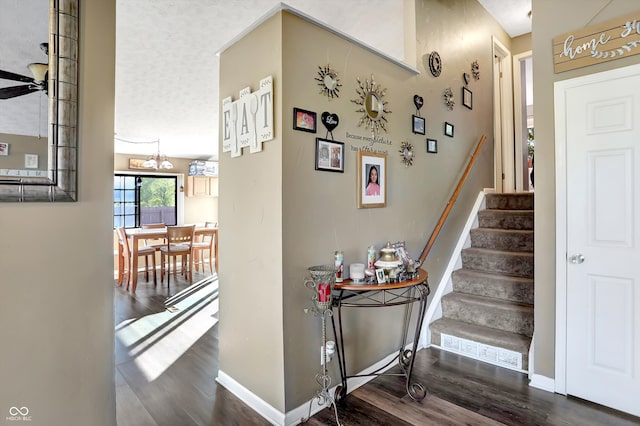 staircase with hardwood / wood-style flooring, ceiling fan with notable chandelier, and a textured ceiling