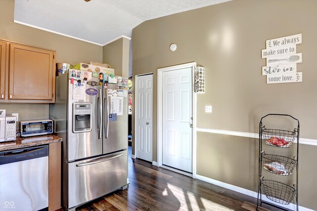 kitchen with light brown cabinets, stainless steel appliances, vaulted ceiling, and dark hardwood / wood-style flooring