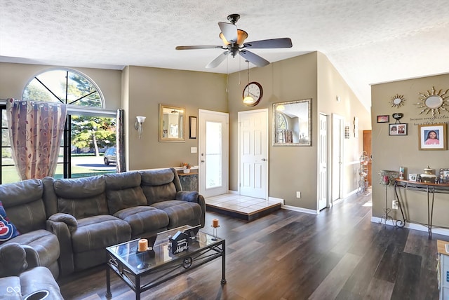 living room with ceiling fan, high vaulted ceiling, a textured ceiling, and dark hardwood / wood-style flooring