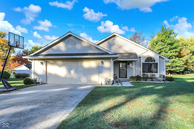 ranch-style home with a garage and a front lawn