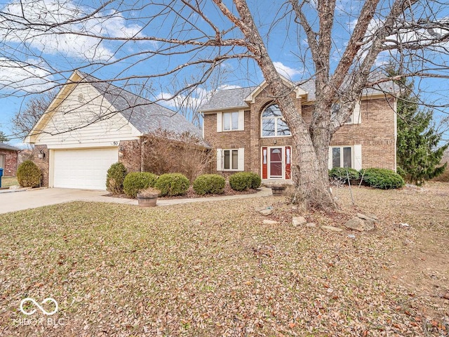 view of front of property with concrete driveway, brick siding, and a garage