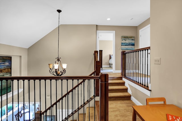 stairs featuring baseboards, lofted ceiling, an inviting chandelier, carpet floors, and recessed lighting