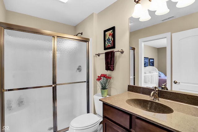 full bath featuring visible vents, toilet, a stall shower, connected bathroom, and vanity