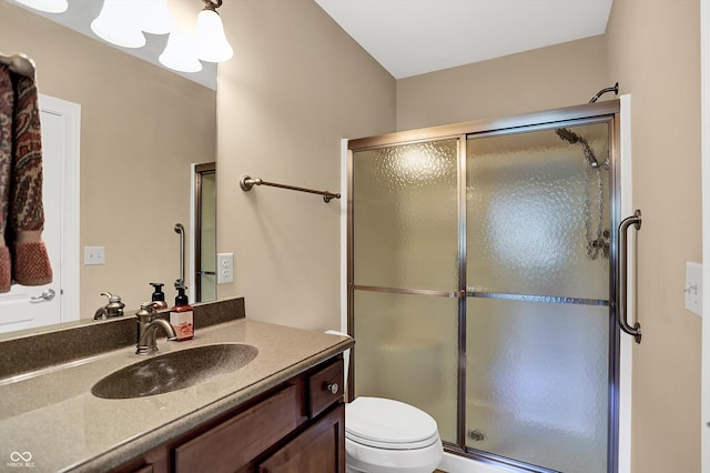 bathroom featuring toilet, a shower stall, and vanity