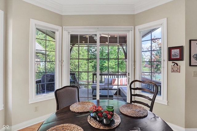 dining area with baseboards and ornamental molding