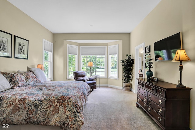 bedroom with light carpet and baseboards