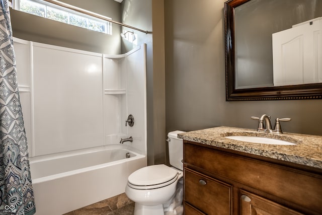 full bathroom featuring vanity, toilet, and shower / bathtub combination with curtain