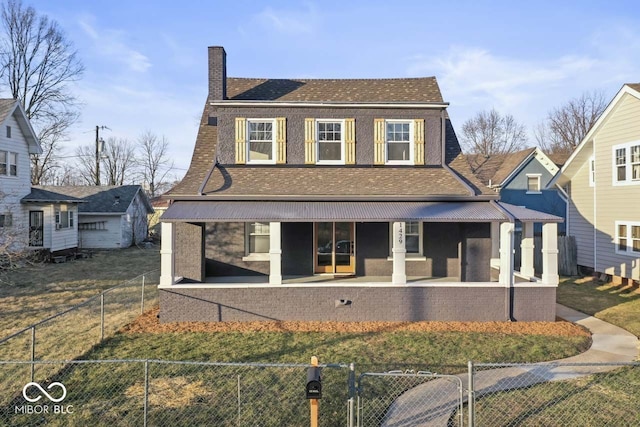 view of front of house featuring a gate, a chimney, a fenced front yard, and roof with shingles