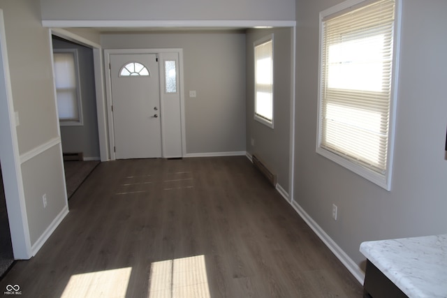 foyer with baseboard heating and dark hardwood / wood-style flooring