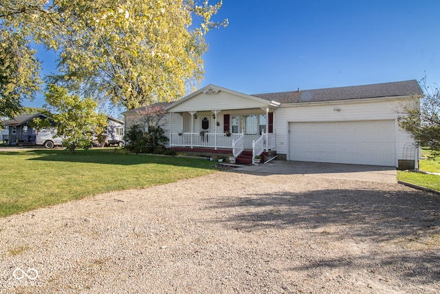 ranch-style house with a porch, a front yard, and a garage