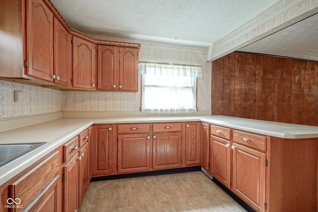 kitchen with a textured ceiling and wooden walls