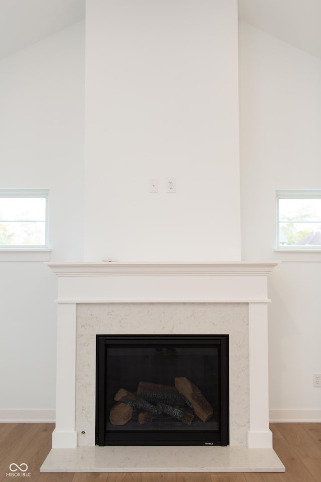 room details with baseboards, wood finished floors, and a fireplace