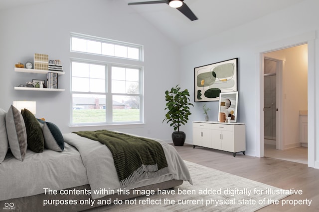 bedroom featuring baseboards, high vaulted ceiling, multiple windows, and light wood-style flooring