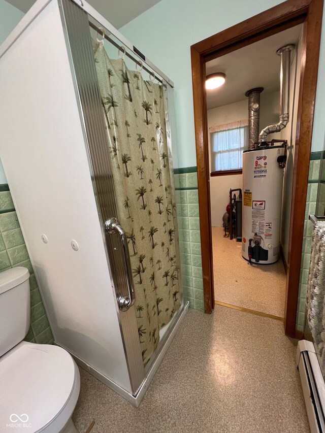 bathroom with toilet, tile walls, and a baseboard radiator