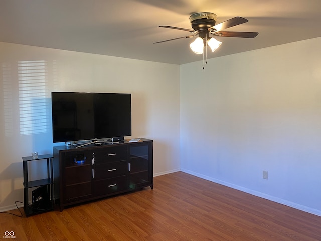 living room with hardwood / wood-style flooring and ceiling fan