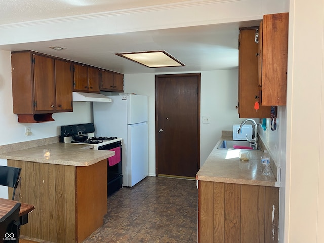 kitchen featuring sink and white range with gas stovetop