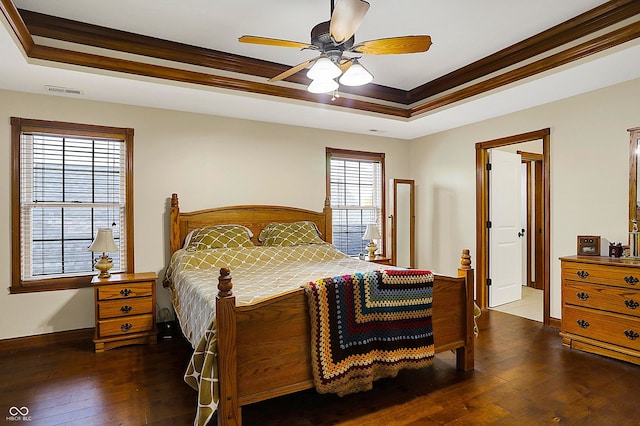 bedroom with multiple windows, dark hardwood / wood-style floors, ceiling fan, and a tray ceiling