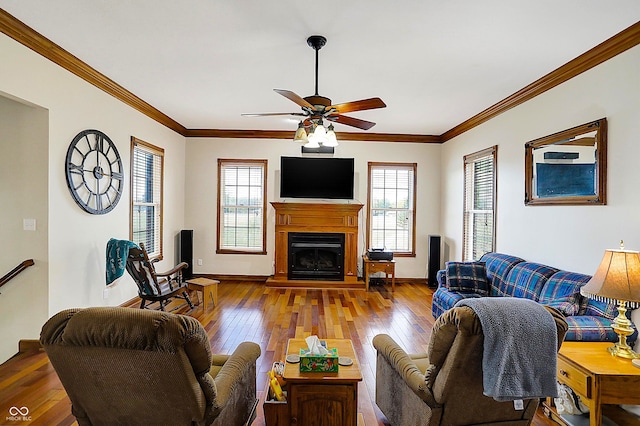 living room with crown molding, ceiling fan, and wood-type flooring