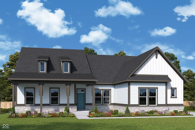 view of front of house featuring a porch, stone siding, roof with shingles, board and batten siding, and a front yard