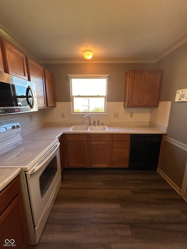 kitchen featuring black dishwasher, sink, a textured ceiling, white electric range oven, and dark hardwood / wood-style floors