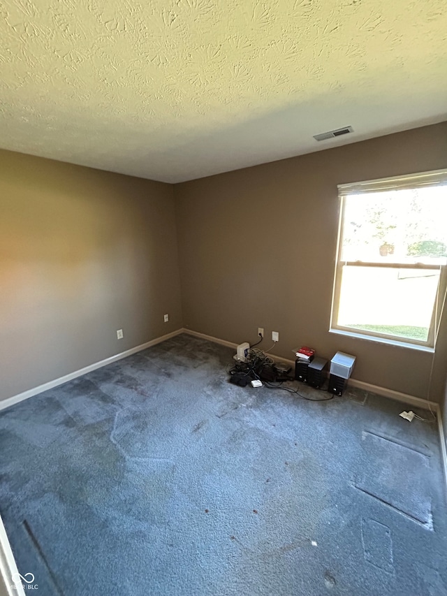 unfurnished room with a textured ceiling and carpet flooring