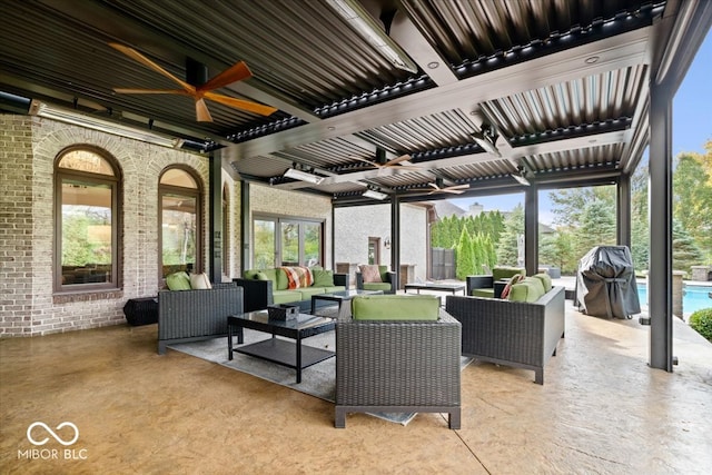 view of patio / terrace featuring an outdoor hangout area, area for grilling, a pergola, and ceiling fan