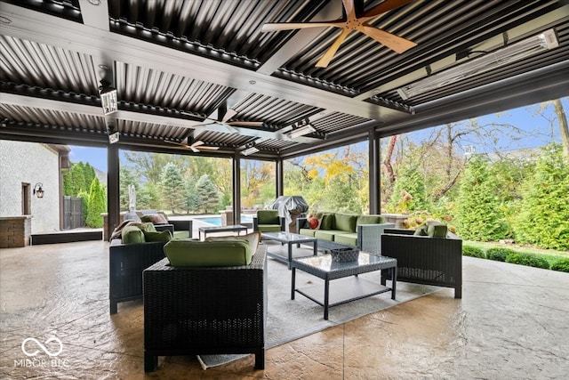 view of patio featuring an outdoor living space, a pergola, grilling area, and ceiling fan