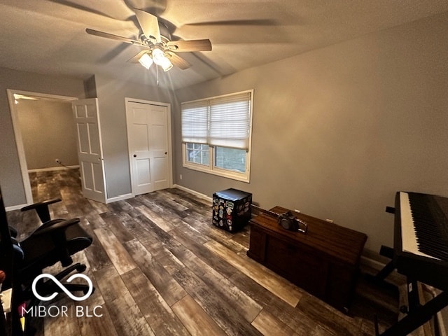 bedroom featuring ceiling fan and dark hardwood / wood-style flooring